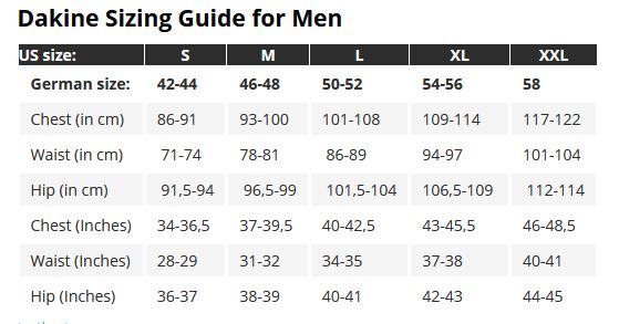 Dakine Men 0 Size Chart